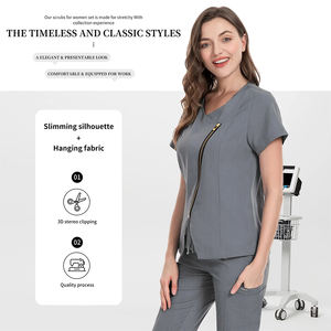 Nouvelle conception de tenue de médecin pour femmes, couleur grise, coupe ajustée, col zippé, vêtements de travail tendance, ensemble de blouses d'infirmière élégantes pour femmes - Product Image 2