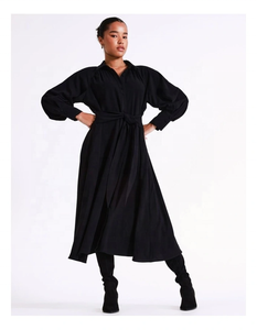 Vestido Camisero Midi Negro Drk Night con Mangas Raglán, Estampado Completo, Botones y Cinturón para Fiesta de Verano - Product Image 1