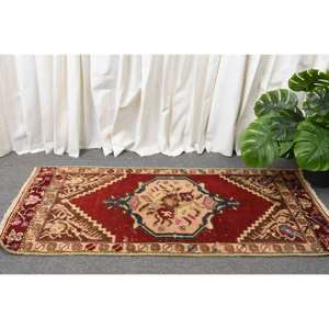 Alfombra Kilim de área grande, rojo y beige, 1,7x3,9 pies, tejido plano, lana turca, pelo de felpa, altura, patrón rectangular para alfombra de habitación de pasillo - Product Image 2