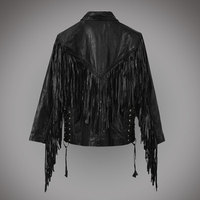 Veste en cuir de vachette souple à col montant pour hommes, noire, style western cowboy, avec franges sur le devant et logo