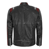 Blouson Moto Homme en Cuir Véritable Effet Vieilli, Style Cafe Racer, Noir avec Rayures Rouges, Col Montant, Cuir Ciré Vintage