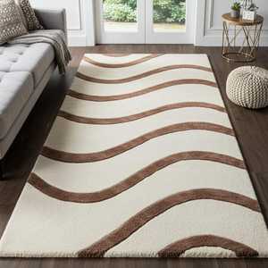 Alfombra ondulada color crema marrón de lana hecha a mano 8x10 terracota moderna textura suave diseño abstracto sala de estar dormitorio PET Friendly - Product Image 2