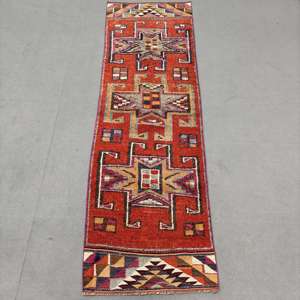 Turkish <b>Runner</b> Rug 2.8x9.3 ft (86x284 cm), Herki <b>Red</b> Solid Vintage Rug - Product Image 1