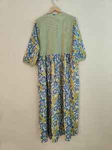 Handmade Cotton Floral Block Print V-neck <b>Long</b> Sleeve Floor-Length Boho Maxi <b>Dress</b> Striped Yoke | Comfortable Summer <b>Kaftan</b> - Product Image 6