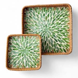 Plateau en rotin et nacre, plateau décoratif fait à la main, incrustation de coquillages, écologique, naturel, pour la maison, utilisation sur table - Product Image 2