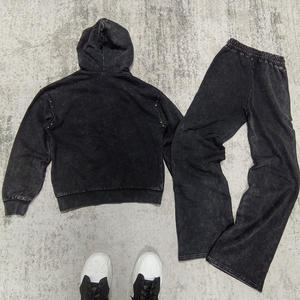 Chándales de diamantes de imitación de gran tamaño personalizados, chándales lavados con ácido de estilo holgado, conjunto de pantalones de chándal y sudadera con cremallera para hombres - Product Image 2