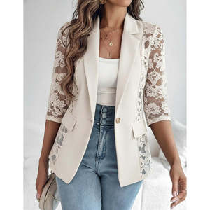 Veste en satin à manches longues pour femme, avec poignets Truvakar, boutonnée sur le devant, avec poches et dentelle, 33142 - Blanc - Product Image 1