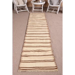 Vintage Rug, Runner 2.5x10 ft Turkish Rug, <b>Brown</b> White Striped <b>Wool</b> Rug - Product Image 1