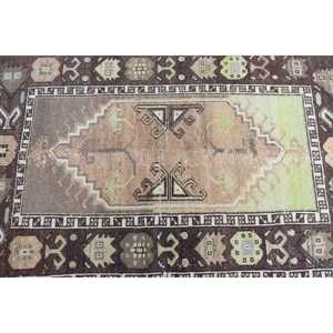 Vintage Rug, 3.1x4.7 ft Turkish Rug, <b>Brown</b> Green Bordered <b>Wool</b> Rug - Product Image 4