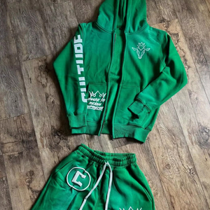 Ropa de calle Vintage 3D Puff Print Hoodie Drawstring Shorts Chándal Oversized 2 Piece Zip up Hoodie Short Set Chándal - Product Image 1