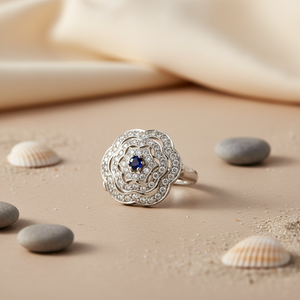 <b>Art</b> Palace Flower Shape Cocktail Ring with Sapphire Center and <b>Diamond</b> Pave Setting for Women 925 Silver Classic Style Wedding - Product Image 1