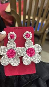 Yellow Hot <b>Pink</b> <b>Pearl</b> Seed Bead Teardrop <b>Earrings</b> Boho Embroidered Pear Drop Studs Statement Jewelry For Women Summer Party - Product Image 4