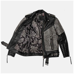 แจ็กเก็ตหนังพังก์วินเทจปรับแต่งได้พร้อมกระดุมและวัสดุหนังวัวคอตั้งปักลาย - Product Image 4