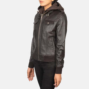 Blouson aviateur en cuir marron automnal à capuche - Product Image 2