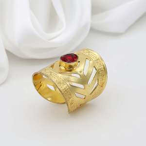 Wide Band 18k Gold Plated <b>Garnet</b> <b>Ring</b> Vintage Adjustable Brass Wholesale Hollow Cutout <b>Ring</b> For Women - Product Image 4