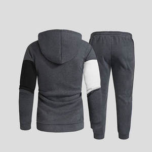 Ensemble de survêtement pour homme gris, noir et blanc, avec veste à capuche zippée et pantalon de jogging à revers, tenue de sport d'hiver - Product Image 4
