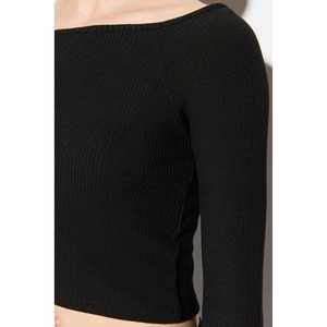 Plain <b>Black</b> Twill <b>Fabric</b> Square Collar Crop - Product Image 5
