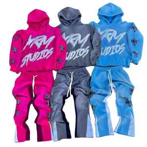 Conjunto de Sudadera con Capucha y Pantalones Deportivos Acampanados de Algodón 100% con Estampado de Pedrería, Estilo Vintage, Moda Urbana de Invierno para Hombre, Nuevo OEM - Product Image 1