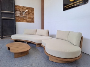 Outdoor Teak Wood Curved <b>Sofa</b> <b>Set</b> with Coffee Table Patio Poolside Garden Hotel Villa Resort Furniture Manufacturer Indonesia - Product Image 5