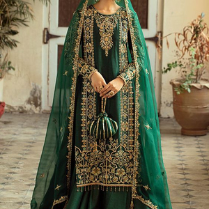 STYLISH----DESIGNER broderie sur longue KURTA avec robe LEHENGA ornée de perles de verre cristal, pierre, travail DABKA @ 2022 - Product Image 1
