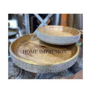 Round Shape Handmade Platter <b>Wood</b> Tray <b>Set</b> Of 2 Customized Solid <b>Wood</b> Serving Tray for Home and Restaurant Usage In Low Price - Product Image 1