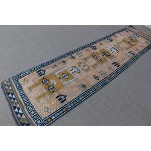 Alfombra Turca Vintage, Alfombra Herki de 2.6x10.5 pies, Alfombra con Puntos Azules y Amarillos - Product Image 2