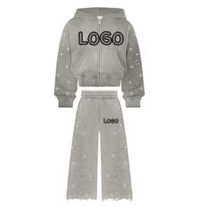 Manufacturers Custom Cropped <b>Distressed</b> Zip Sweatsuit Rhinestone Streetwear Tracksuit Regular Flared Heavyweight Casual - Product Image 4