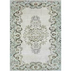 Tapis en laine noué à la main vert vintage, grand format, Pae-1488, motif médaillon abstrait rectangulaire pour la maison, le salon, le couloir - Tapis de chambre - Product Image 1