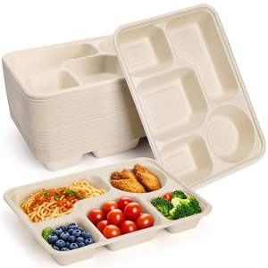 Assiettes jetables compostables en bagasse à 5 compartiments, biodégradables, en canne à sucre, écologiques, imperméables, robustes, pour l'école - Product Image 2