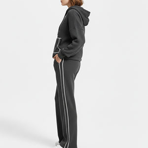 Vente en gros prix abordable coupe ample sweat à capuche zippé et jogger ensemble 100% coton couleur unie streetwear lourd survêtement femme - Product Image 3