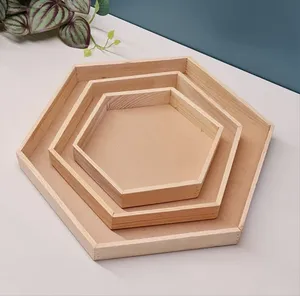 Vente en gros de plateaux de service hexagonaux en bois, ensemble de 3 avec poignées pour hôtel, restaurant et usage domestique au prix de gros - Product Image 1