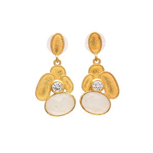 925 Sterling Silver Women's Drop <b>Earrings</b> Milky Chalcedony White CZ Gemstone Yellow Gold <b>Rhodium</b> Bezel Setting Pearl Diamond - Product Image 1