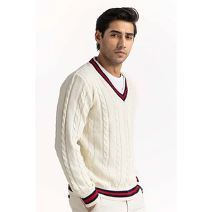 Breathable Cricket <b>Cable</b> <b>Knit</b> Striped V-Neck <b>Sweater</b> Custom Logo Printed Men's Winter Knitwear ODM Supply - Product Image 1