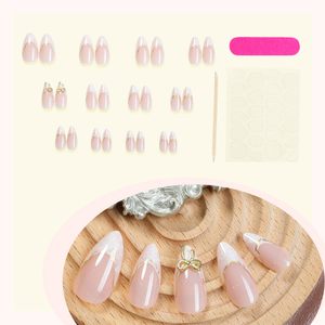 24 <span class=keywords><strong>Uñas</strong></span> Postizas Francesas Blancas con Punta Almendrada Mediana, Diseño Acrílico 3D con Lazo <span class=keywords><strong>y</strong></span> Línea Dorada, <span class=keywords><strong>Uñas</strong></span> Adhesivas al por Mayor - Product Image 3