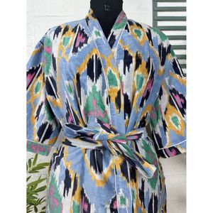 Robe de chambre unisexe de luxe en velours, élégante, Ikat Grn Malibu Blulich, Kimono reversable doublé de soie, pour automne-hiver - Product Image 2