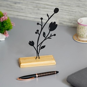 Figurine de fleur en métal noir accrocheur sur base en bois objet de table moderne ajoute un style artistique vibrant - Product Image 4
