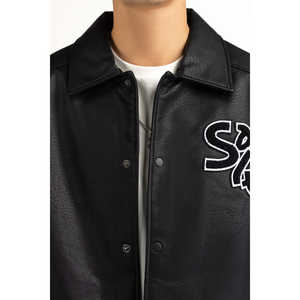 Veste en PU vintage automne-printemps, style motard décontracté avec fermeture éclair réversible, taille XS, imperméable, teinte unie, offre ODM - Product Image 1