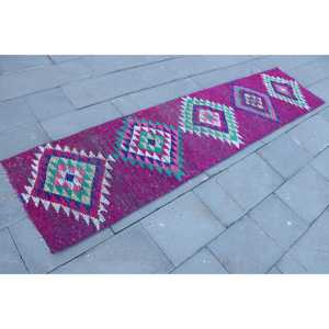 Vintage Rug, <b>Runner</b> 2.1x9.1 ft Turkish Rug, Pink <b>Green</b> Solid Wool Rug - Product Image 3