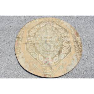 Vintage 3.8 X 4ft Turkish <b>Wool</b> Rug Beige & <b>Pink</b> Patchwork Design Latex Backing for Living Room Decor or Car Large Area 9x12 - Product Image 1