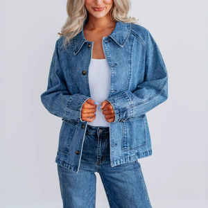 Veste en jean bleu délavé classique pour femmes, veste en jean à manches longues surdimensionnée, vêtement décontracté à boutons, vêtements de rue tendance, coton - Product Image 6