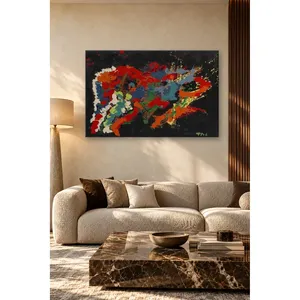 Impression sur toile abstraite Fida avec des taches rouges et bleues sur fond noir - Product Image 3