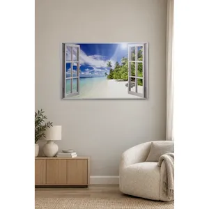 Impression sur toile de la plage de sable blanc tropicale de Fida vue par une fenêtre ouverte - Product Image 1