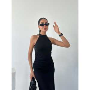 Vestido Halter Color Arenisca con Detalle de Cordones en la Espalda y Características Transpirables, con Cintura Natural - Product Image 3