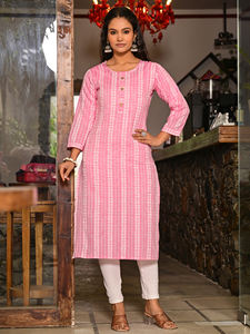 ชุดคุर्ติผ้าฝ้ายสีชมพูลายทางพิมพ์ลาย แห้งเร็ว ทรงตรง แขนสามส่วน สไตล์ลำลอง สำหรับงานปาร์ตี้  แบบชาติพันธุ์ - Product Image 3