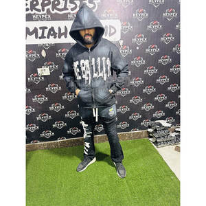 Conjunto de chándal bordado desgastado lavado ácido para hombre de la mejor oferta, sudadera con capucha y cremallera de alta calidad, pantalones de chándal Acampanados para invierno transpirable - Product Image 3