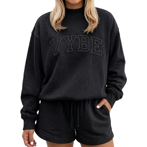 Women's Winter Solid Casual Mockneck Polyester / Cotton Knee Streetwear Fleece Breathable <b>Waterproof</b> 2-Piece Shorts <b>Set</b> - Product Image 1
