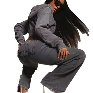 Conjunto de Sudadera Corta y Pantalones Deportivos para Mujer, Estilo Urbano, Ecológico, Anti-Pilling, Transpirable, Lavado Ácido, Talla Grande - Product Image 2