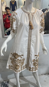 Elegantes vestidos de trabajo de verano para mujer Ucraniana 100% algodón de manga larga cinturones de cintura alta Maxi longitud vestido bordado de moda - Product Image 2