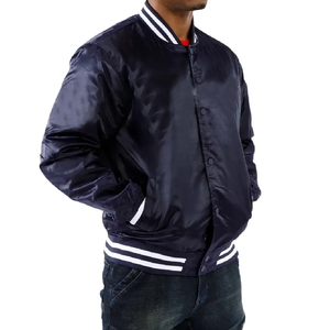 Blouson bombardier boutonné en satin de soie bleu pour hommes design personnalisé vestes à boutons-pression pour baseball avec bordure en côtes - Product Image 3