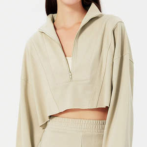 Haut d'entraînement court léger pour femmes sweats à capuche quart fermeture éclair motif solide tissu tricoté doux décontracté conception courte longueur - Product Image 1